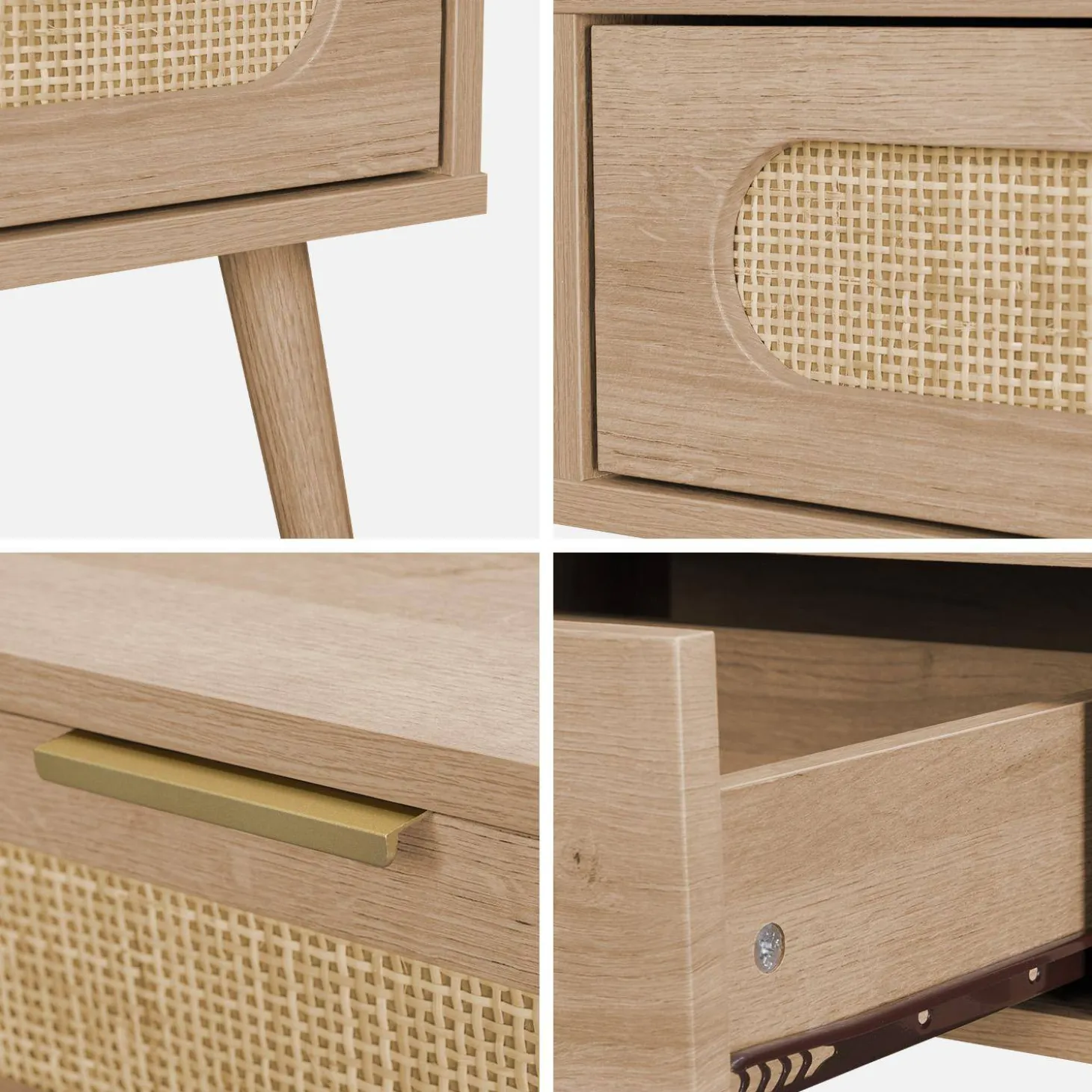 Skandinavischer Couchtisch mit abgerundetem Rattan-Geflecht, 1 Schublade