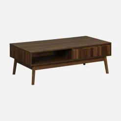Skandinavischer Couchtisch mit geriffeltem Holzdekor, 2 Nischen, 1 Schublade