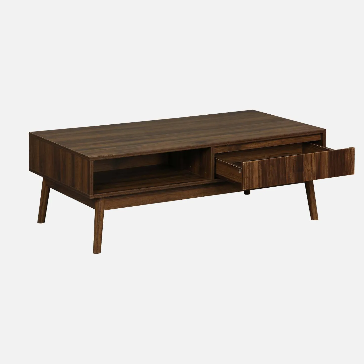 Skandinavischer Couchtisch mit geriffeltem Holzdekor, 2 Nischen, 1 Schublade