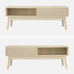 Skandinavischer Couchtisch mit geriffeltem Holzdekor, 2 Nischen, 1 Schublade