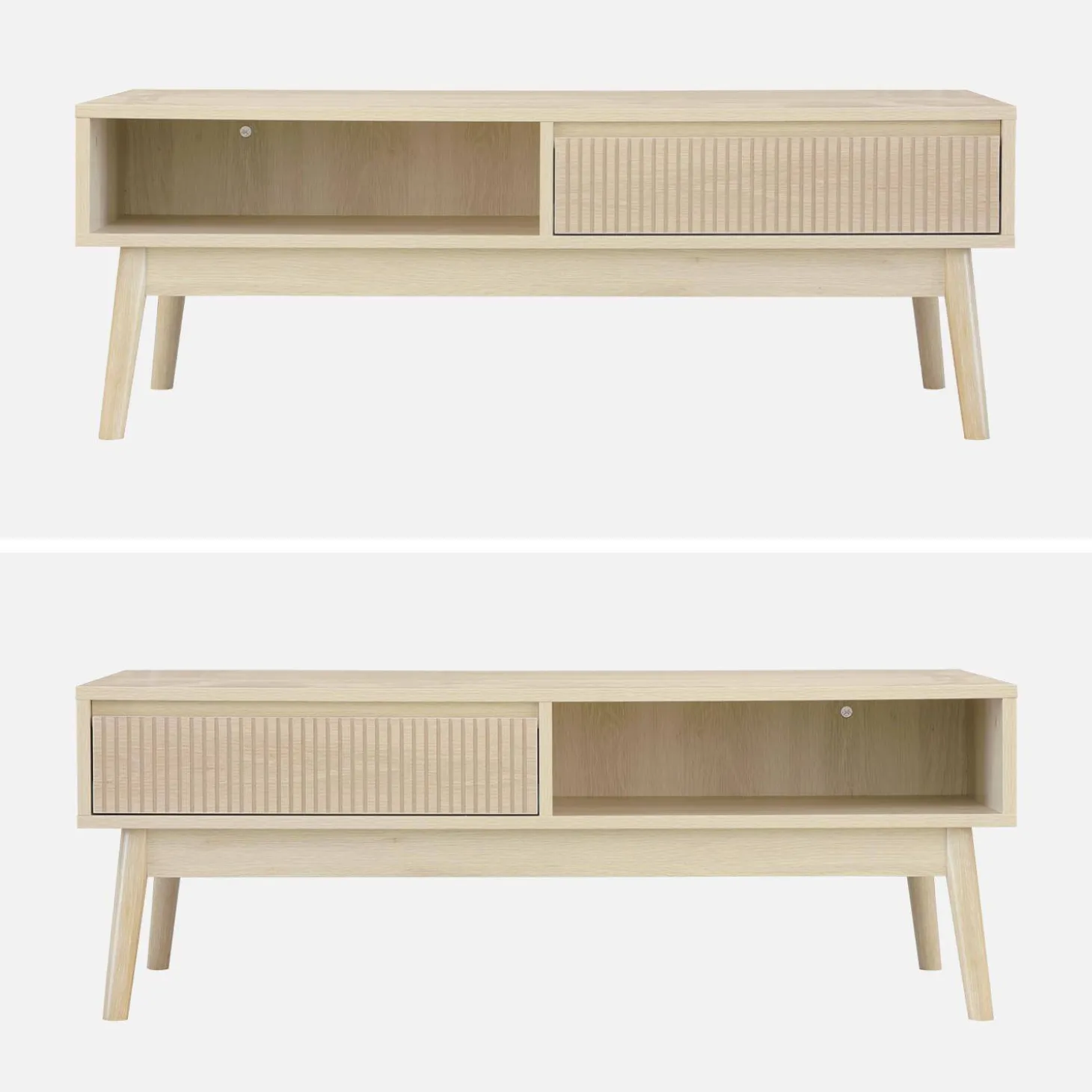 Skandinavischer Couchtisch mit geriffeltem Holzdekor, 2 Nischen, 1 Schublade