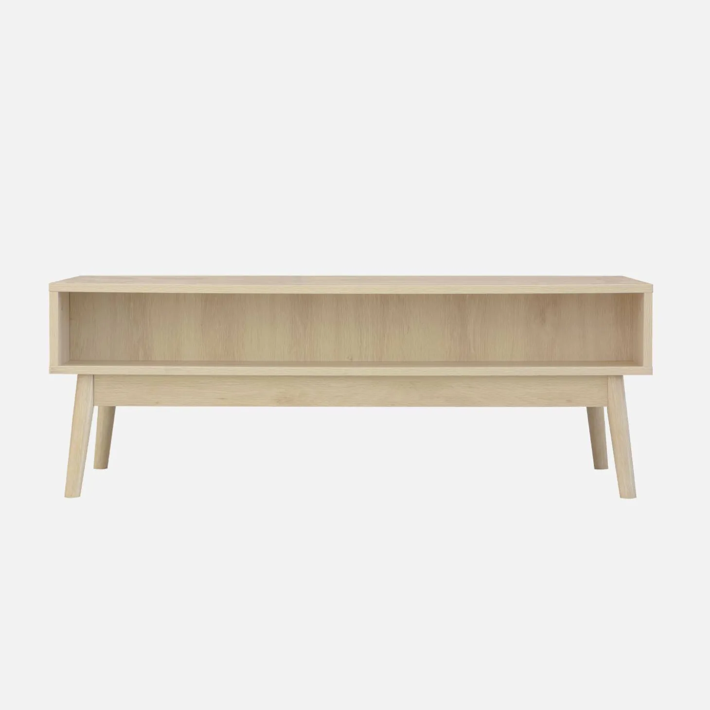 Skandinavischer Couchtisch mit geriffeltem Holzdekor, 2 Nischen, 1 Schublade