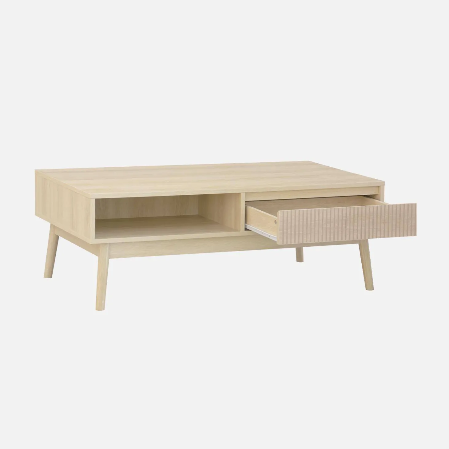 Skandinavischer Couchtisch mit geriffeltem Holzdekor, 2 Nischen, 1 Schublade