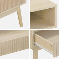 Skandinavischer Couchtisch mit geriffeltem Holzdekor, 2 Nischen, 1 Schublade