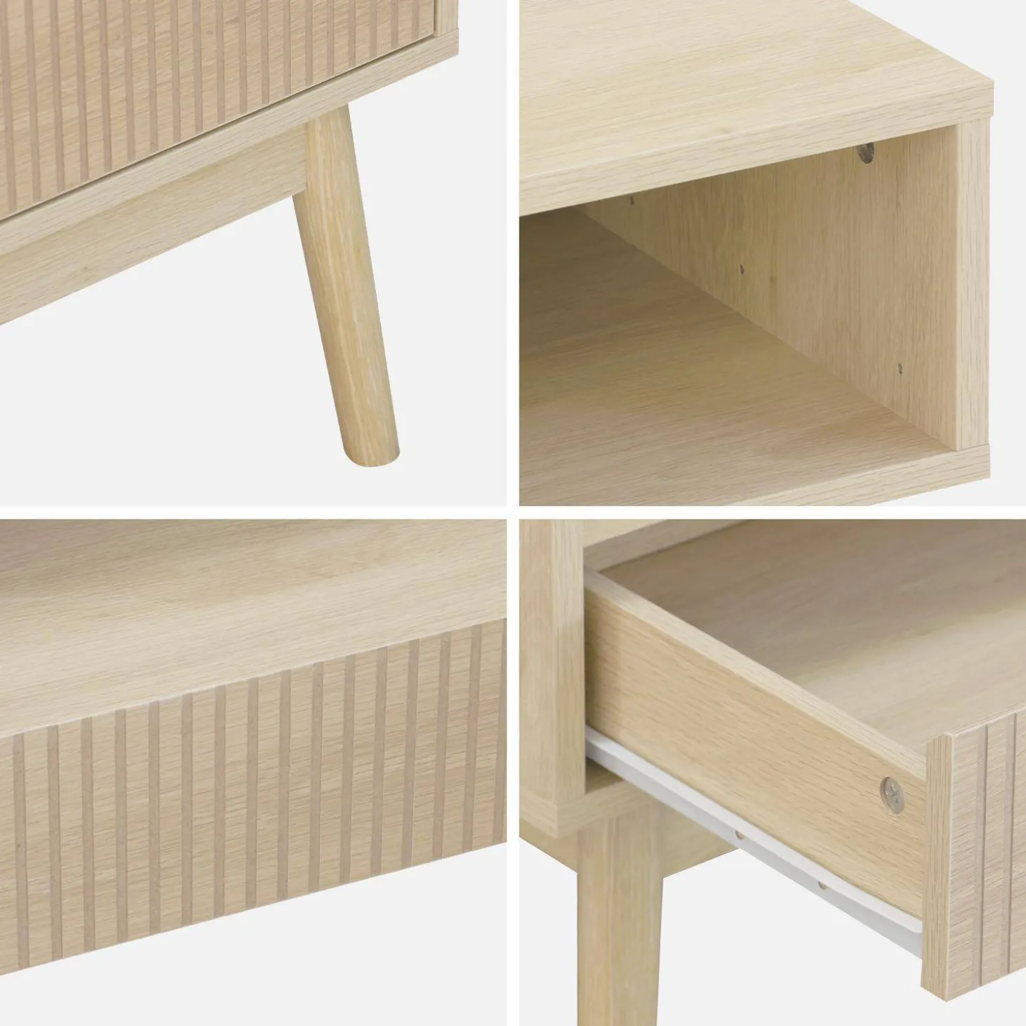 Skandinavischer Couchtisch mit geriffeltem Holzdekor, 2 Nischen, 1 Schublade