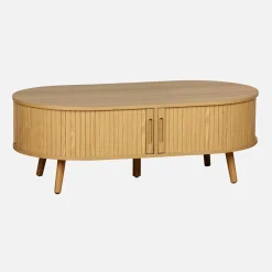 Skandinavischer Couchtisch mit geriffeltm Holzlook und 2 Schiebetüren