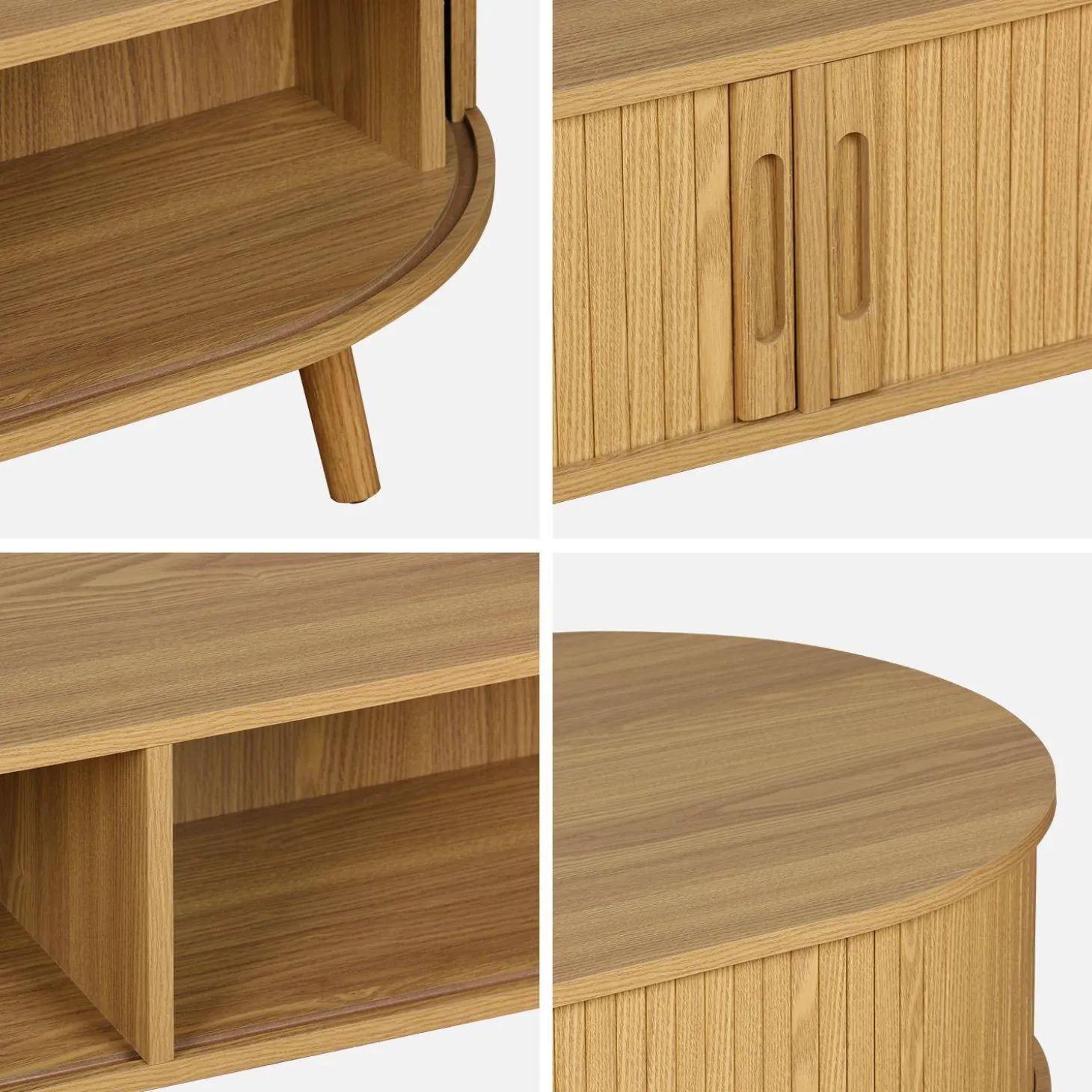 Skandinavischer Couchtisch mit geriffeltm Holzlook und 2 Schiebetüren