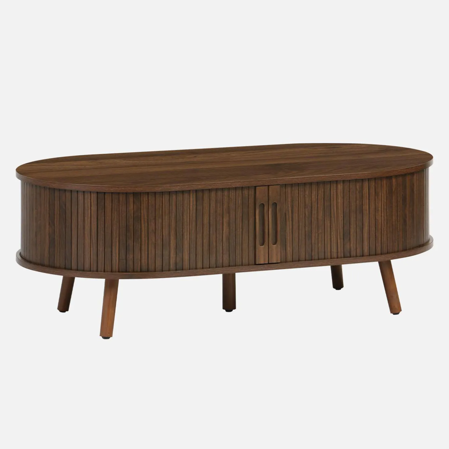 Skandinavischer Couchtisch mit geriffeltm Holzlook und 2 Schiebetüren