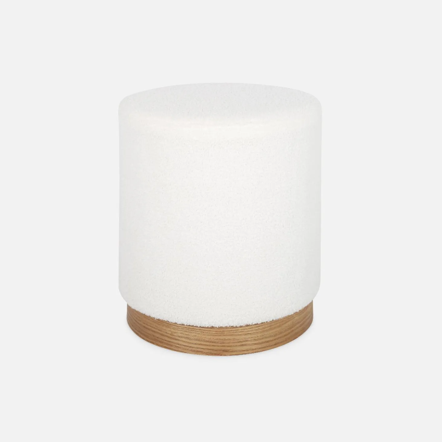 Skandinavischer Hocker mit weißem Bouclé-Bezug