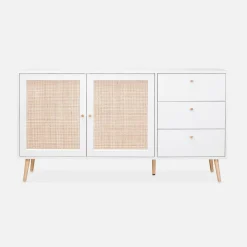 Skandinavisches Sideboard, Holzeffekt mit Rattangeflecht, 2 Türen, 150 cm