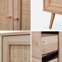 Skandinavisches Sideboard, Holzeffekt mit Rattangeflecht, 2 Türen, 150 cm
