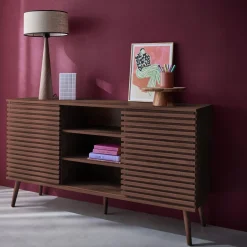 Skandinavisches Sideboard in Holzdekor mit 2 geriffelten Schiebetüren B 140 cm