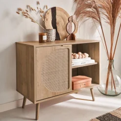 Skandinavisches Sideboard mit Holzdekor und abgerundetem Rattan-Geflecht 1 Tür 80 cm