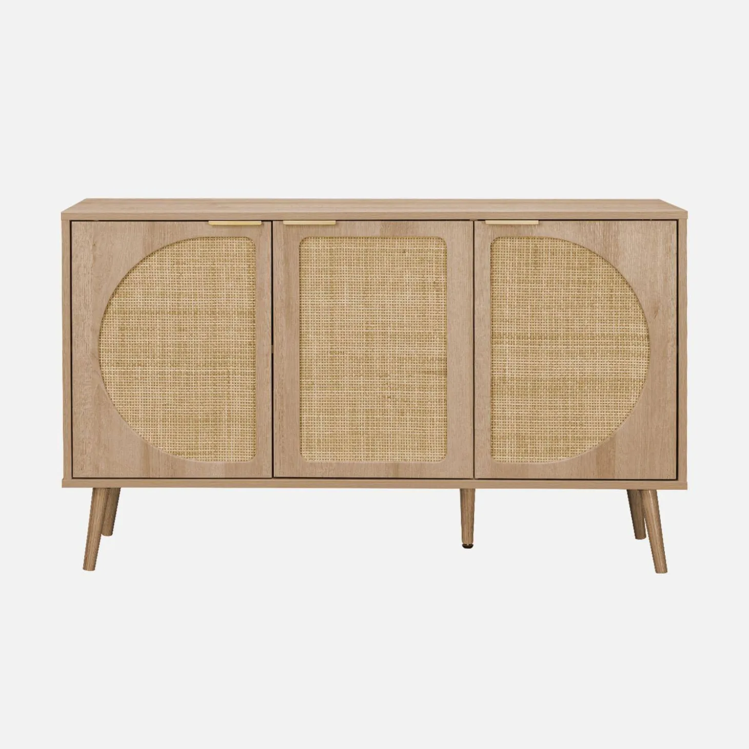 Skandinavisches Sideboard mit Holzdekor und abgerundetem Rattan-Geflecht 3 Türen B 120 cm