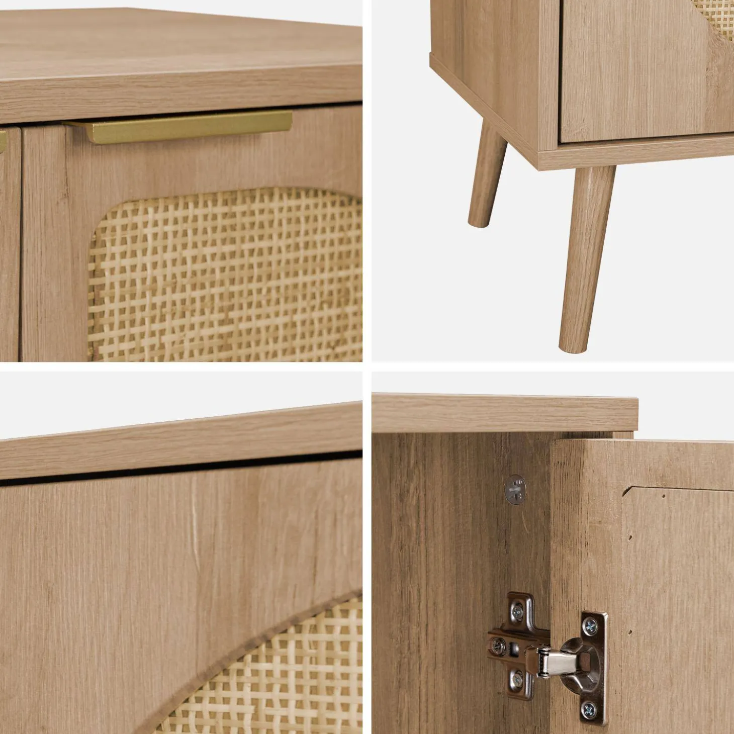 Skandinavisches Sideboard mit Holzdekor und abgerundetem Rattan-Geflecht 3 Türen B 120 cm