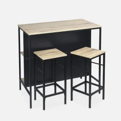 Stehtisch mit Holzdekor und Metall mit 2 Regalen + 2 Hocker