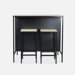 Stehtisch mit Holzdekor und Metall mit 2 Regalen + 2 Hocker