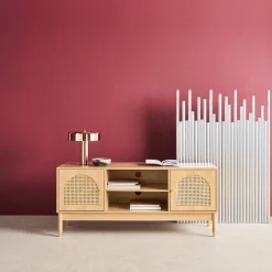 TV Möbel Holzdekor und Rattan-Geflecht 2 Türen 140cm
