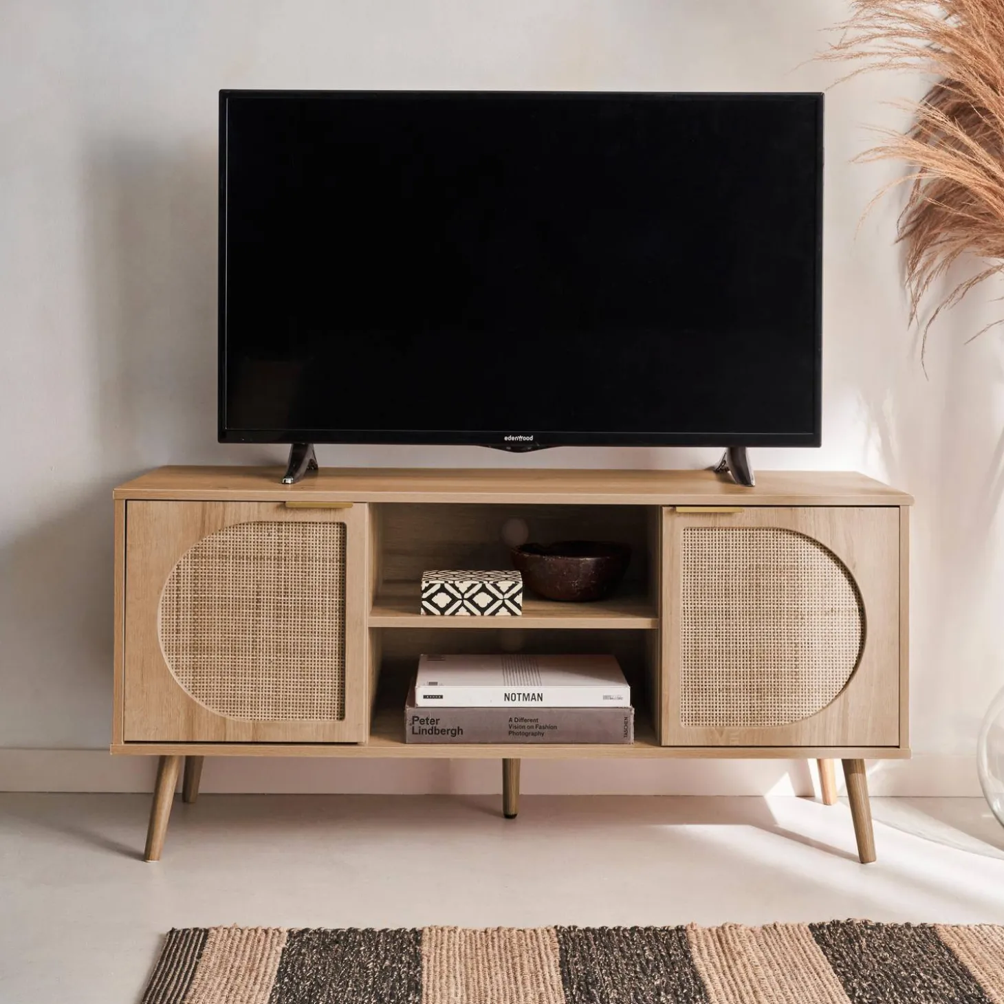 TV-Möbel mit Holzdekor und abgerundetem Rattan-Geflecht 120 cm