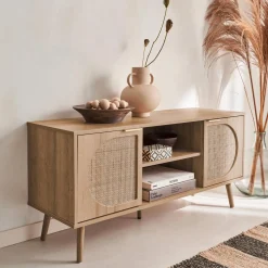 TV-Möbel mit Holzdekor und abgerundetem Rattan-Geflecht 120 cm