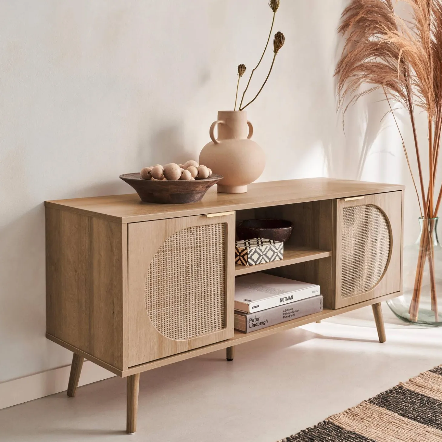 TV-Möbel mit Holzdekor und abgerundetem Rattan-Geflecht 120 cm