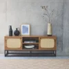 TV-Möbel mit Holzdekor und Rattan-Geflecht abgerundet 2 Türen - 140cm