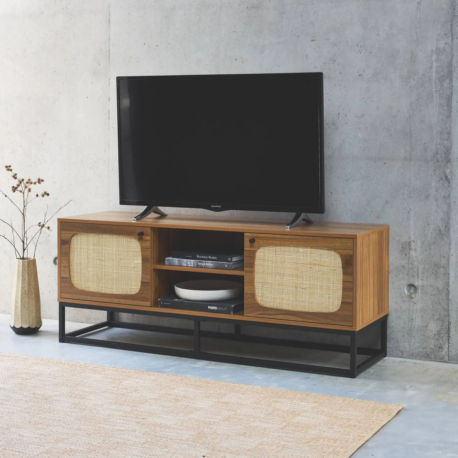 TV-Möbel mit Holzdekor und Rattan-Geflecht abgerundet 2 Türen - 140cm