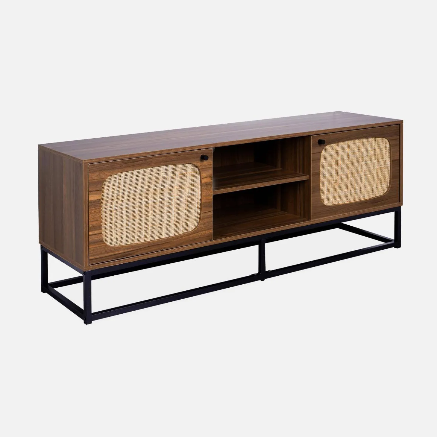 TV-Möbel mit Holzdekor und Rattan-Geflecht abgerundet 2 Türen - 140cm