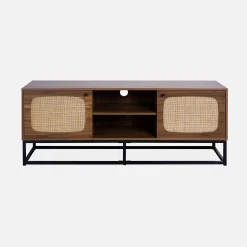 TV-Möbel mit Holzdekor und Rattan-Geflecht abgerundet 2 Türen - 140cm