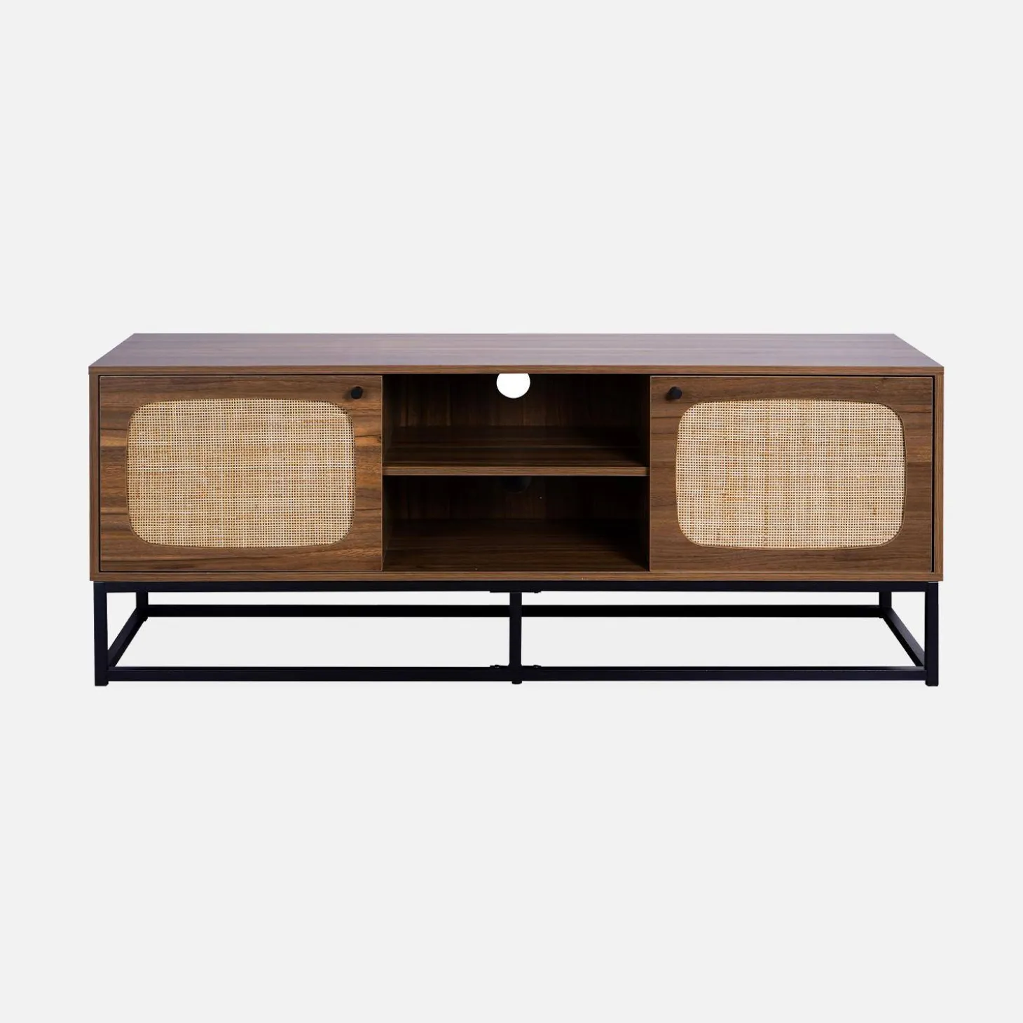 TV-Möbel mit Holzdekor und Rattan-Geflecht abgerundet 2 Türen - 140cm