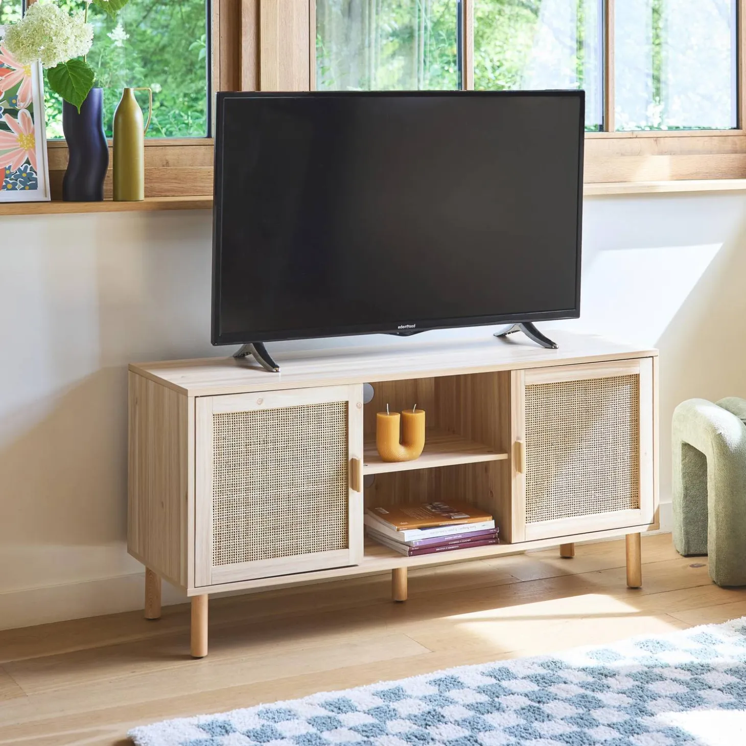 TV-Möbel mit Rattan-Geflecht und Holzdekor 120 cm