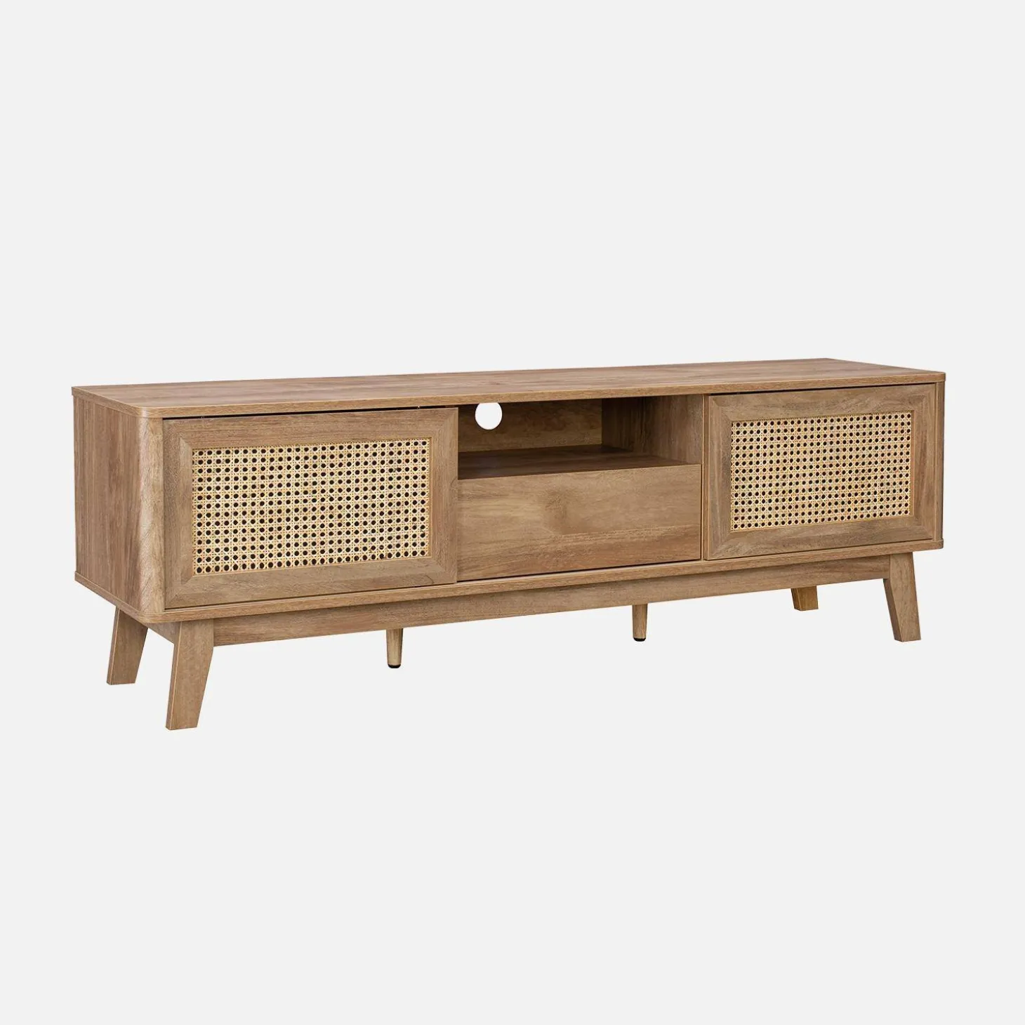 TV-Möbel mit Schiebetüren, Fach, Regal in Holzoptik und Rattan-Geflecht 150cm