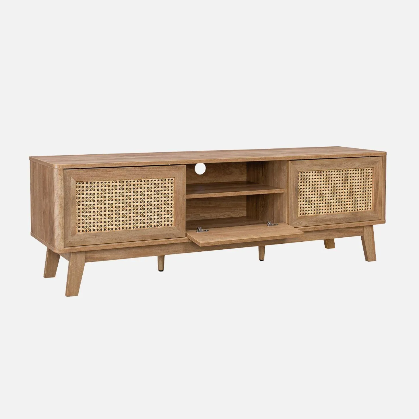 TV-Möbel mit Schiebetüren, Fach, Regal in Holzoptik und Rattan-Geflecht 150cm