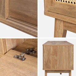 TV-Möbel mit Schiebetüren, Fach, Regal in Holzoptik und Rattan-Geflecht 150cm