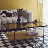 Vintage Couchtisch aus schwarzem Metall mit Glasplatte und Holzdekor