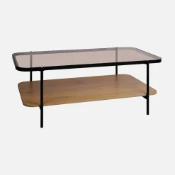 Vintage Couchtisch aus schwarzem Metall mit Glasplatte und Holzdekor