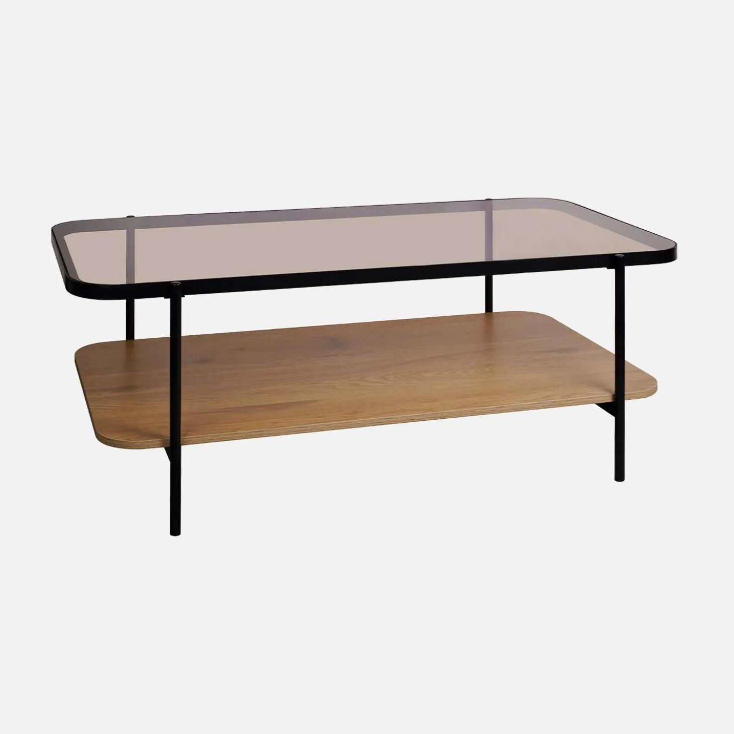 Vintage Couchtisch aus schwarzem Metall mit Glasplatte und Holzdekor