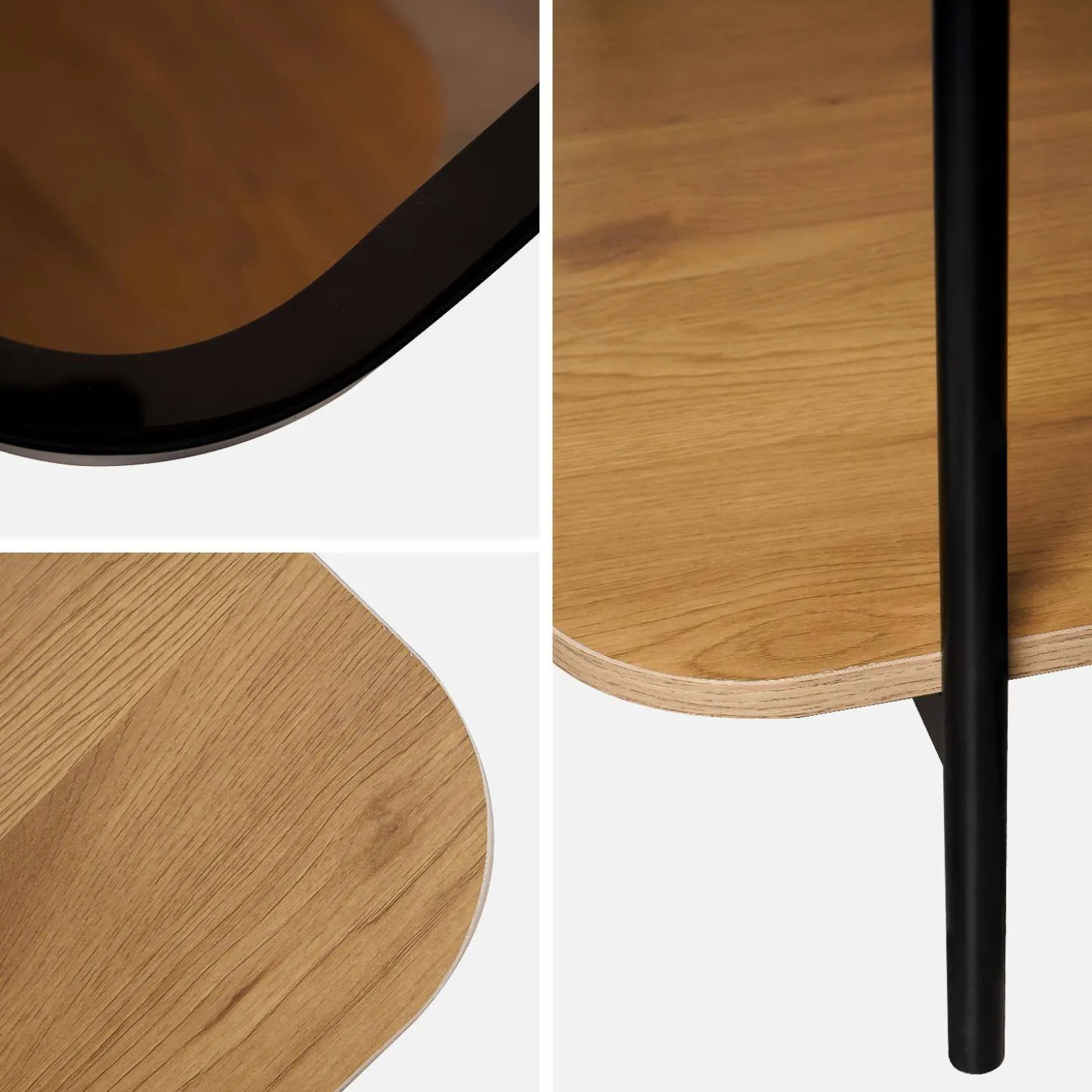 Vintage Couchtisch aus schwarzem Metall mit Glasplatte und Holzdekor