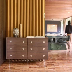 Vintage-Kommode mit Holzdekor und Edelstahl, 6 Schubladen