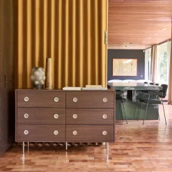 Vintage-Kommode mit Holzdekor und Edelstahl, 6 Schubladen