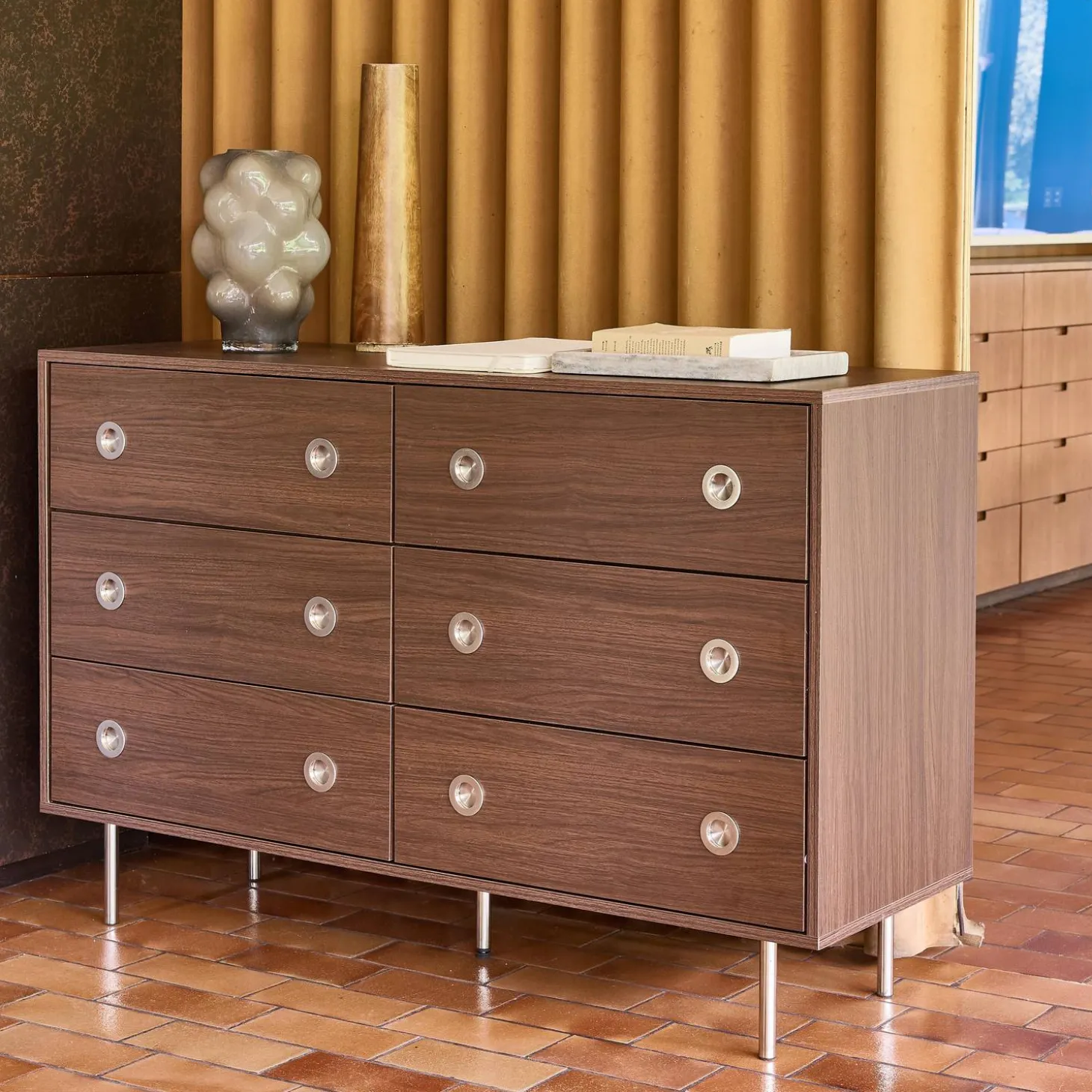 Vintage-Kommode mit Holzdekor und Edelstahl, 6 Schubladen
