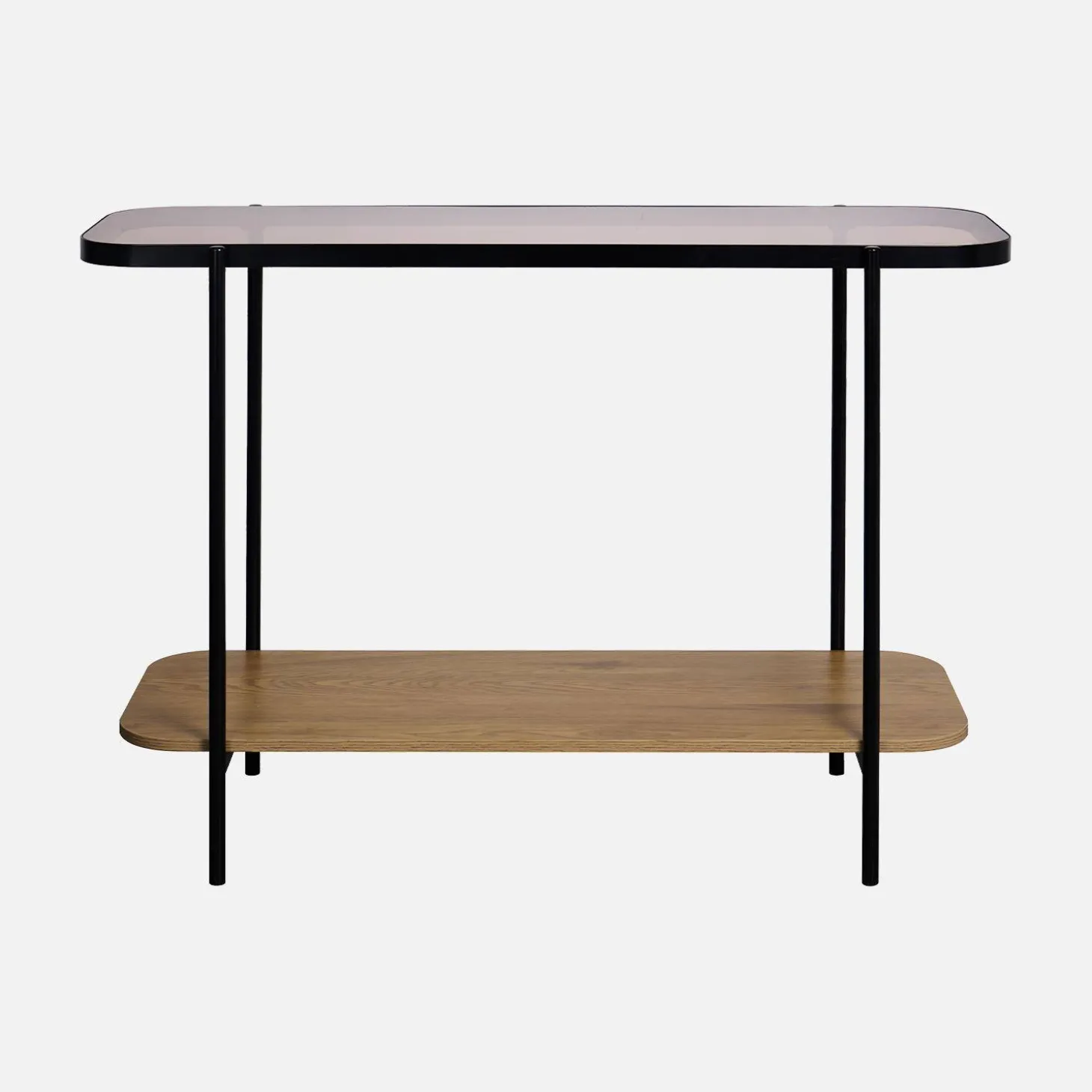 Vintage-Konsole aus schwarzem Metall mit Glasplatten und Holzdekor 110 cm