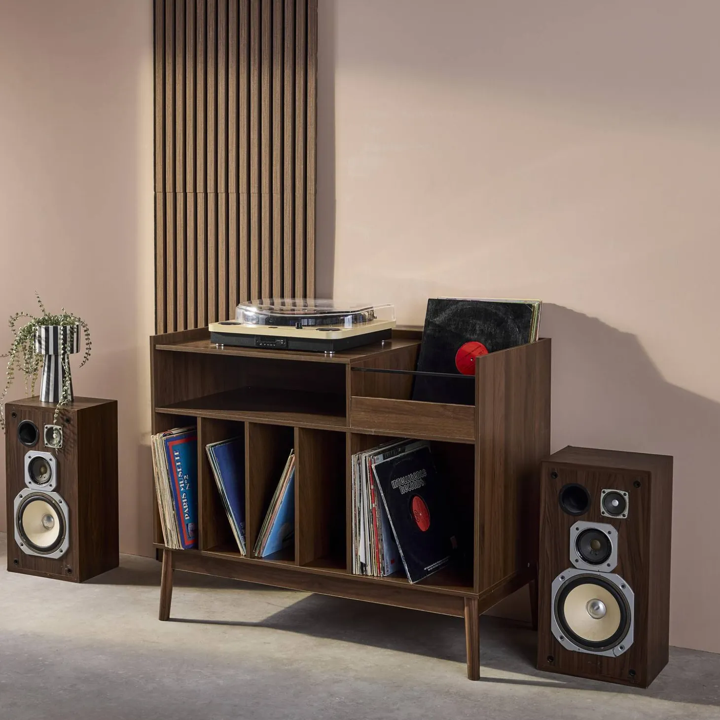 Vintage-Möbel für Schallplatten mit Holzdekor