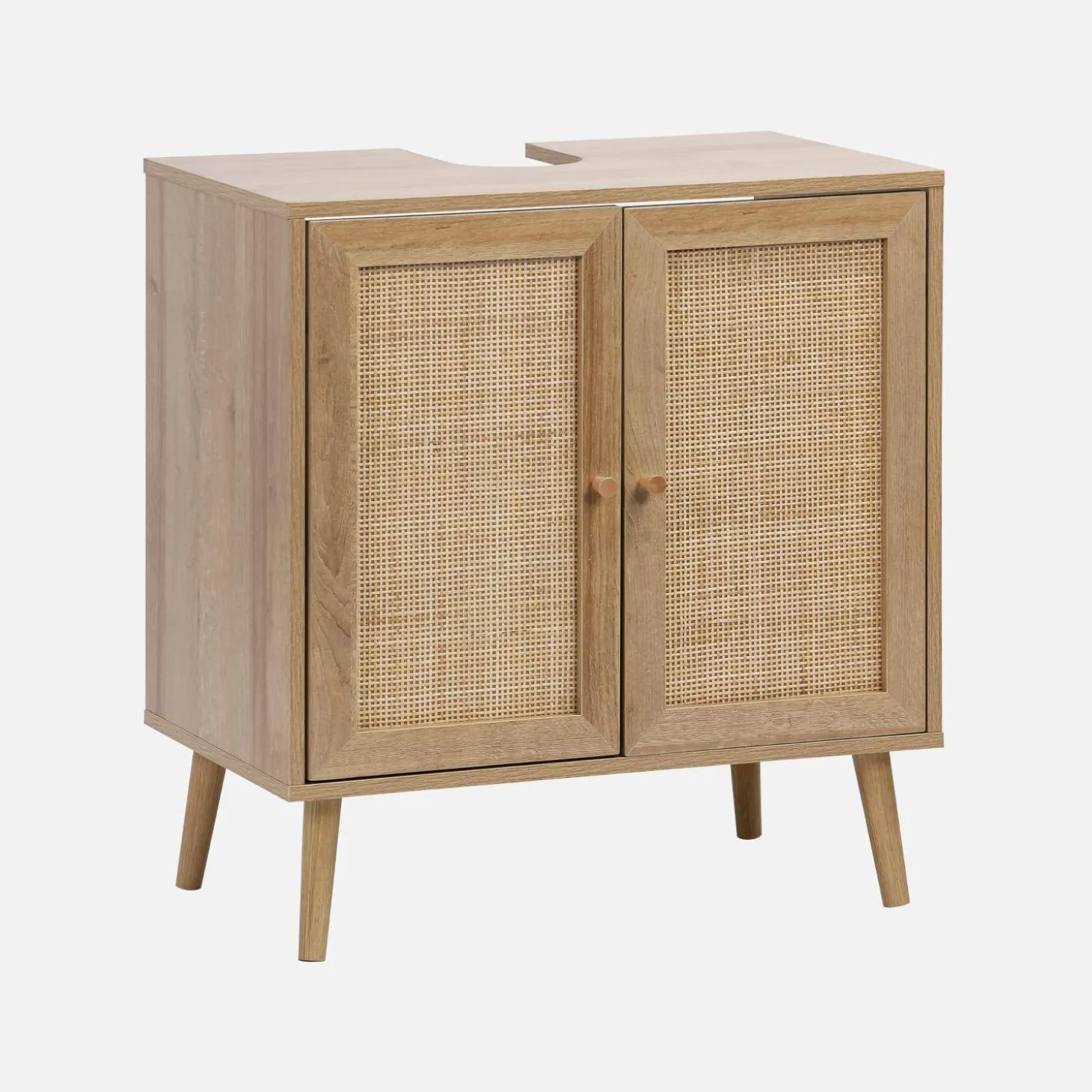 Waschtischuntergestell in Holzdekor und Rattan.
