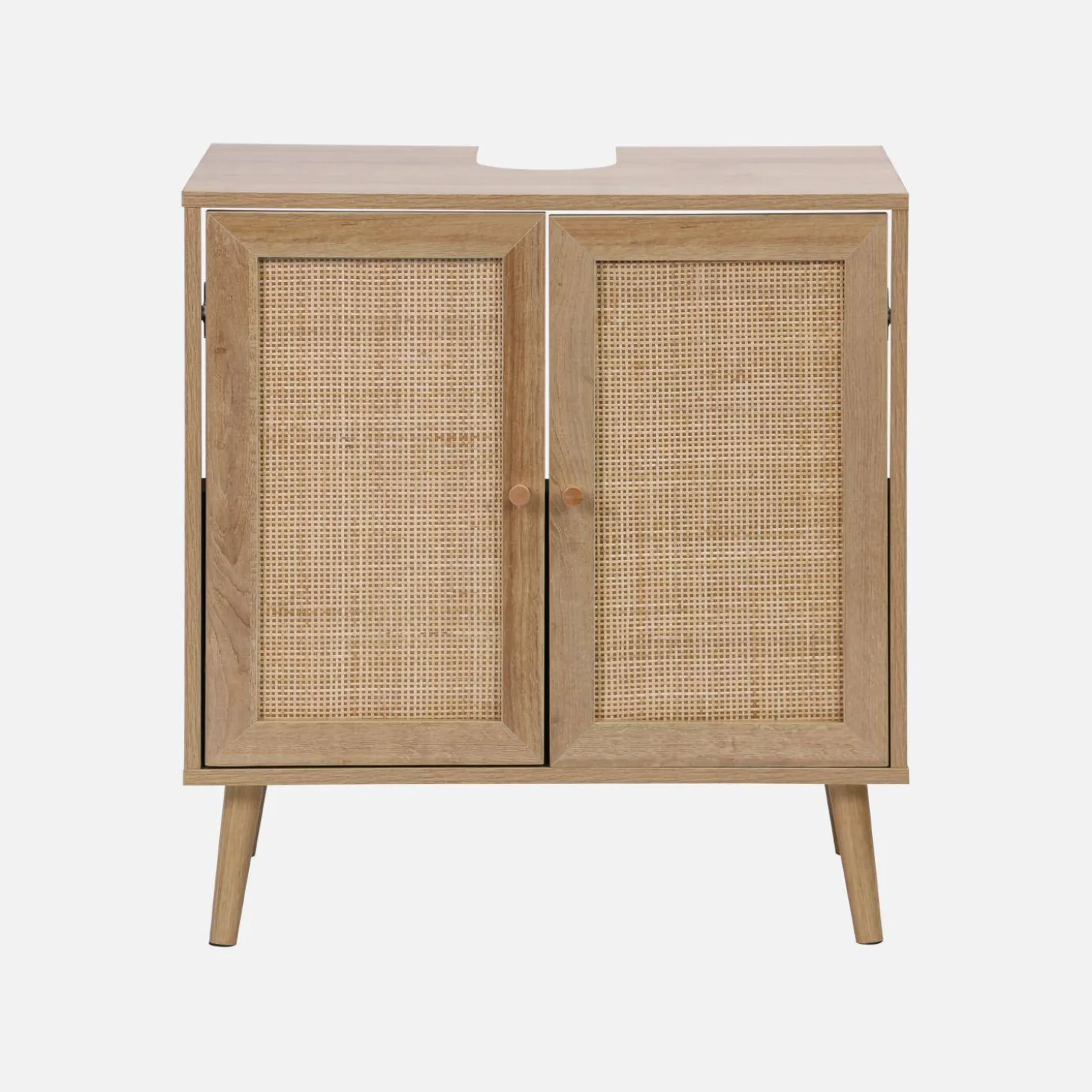 Waschtischuntergestell in Holzdekor und Rattan.