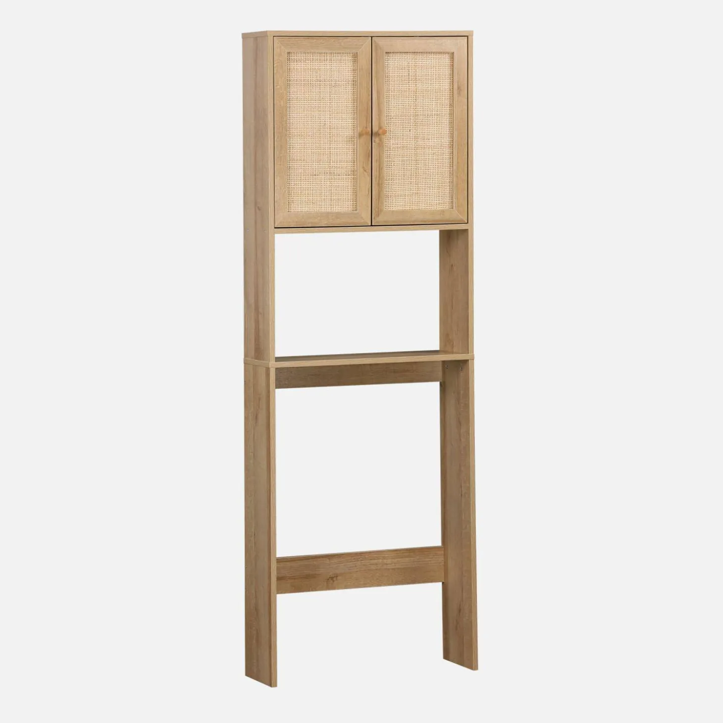 WC-Regal mit Holzdekor und Rattan-Geflecht