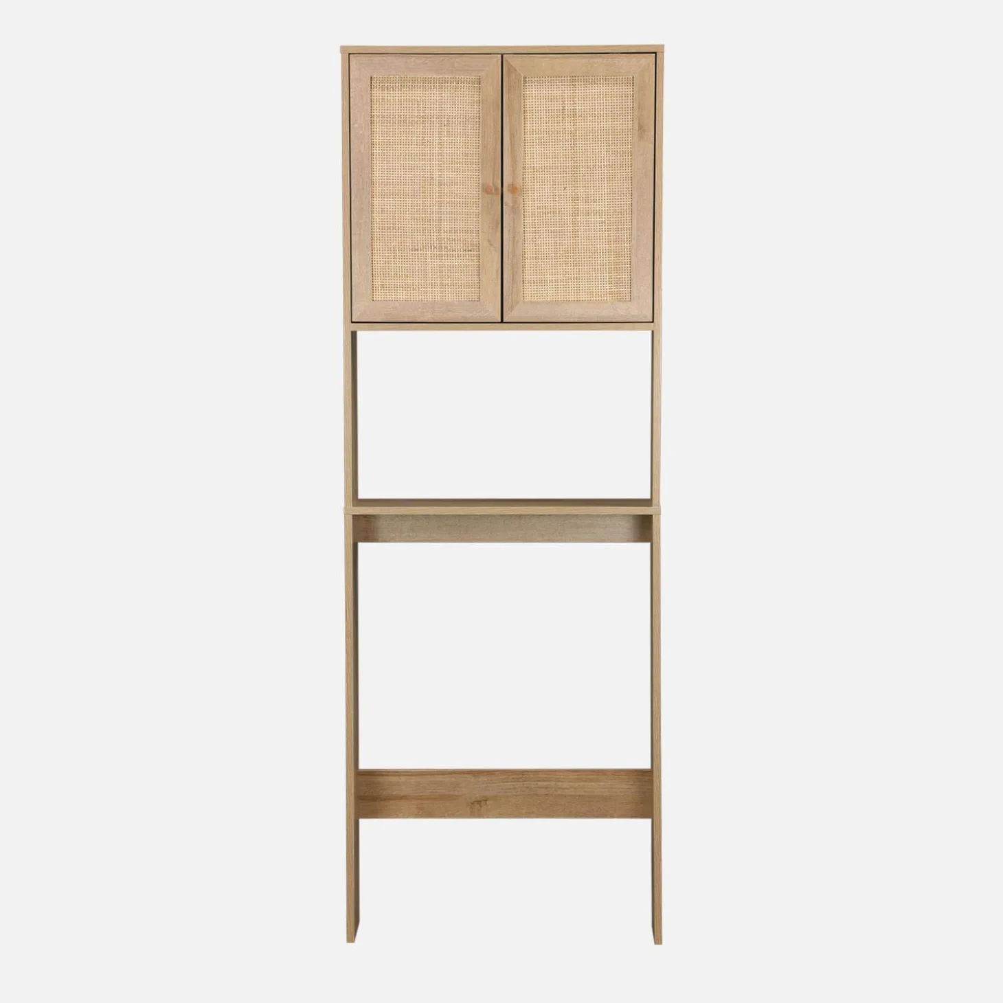 WC-Regal mit Holzdekor und Rattan-Geflecht