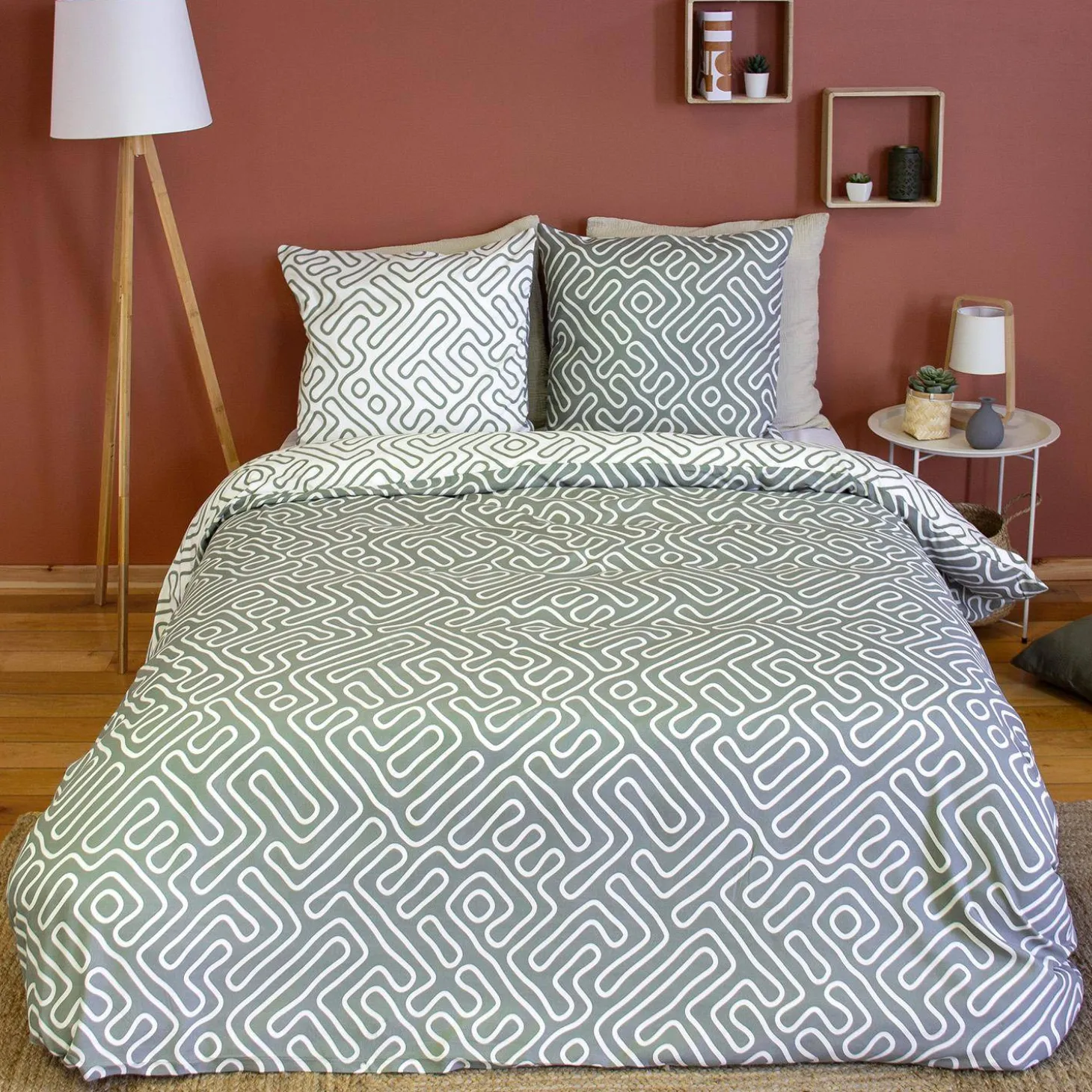 Wendebettwäsche-Set aus Mikrofaser für Doppelbett mit Labyrinthmuster in Grau