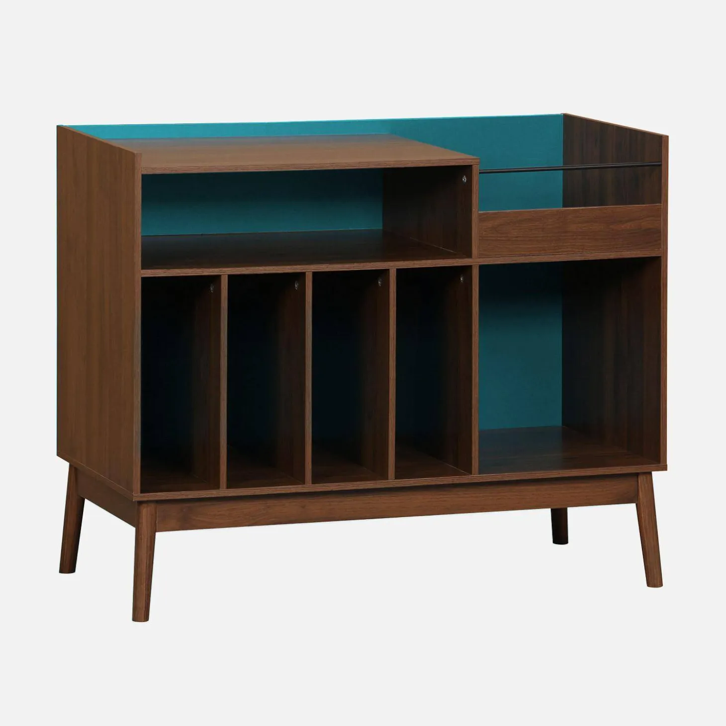 Zweifarbiger Vintage Schallplattenschrank mit Holzdekor und farbigem Hintergrund 100cm