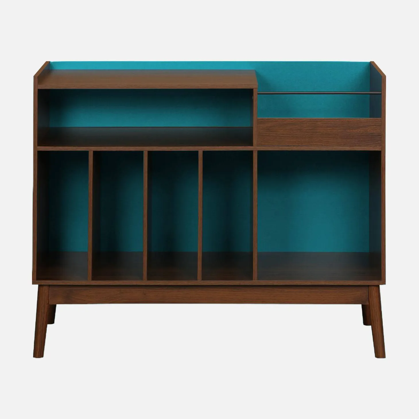 Zweifarbiger Vintage Schallplattenschrank mit Holzdekor und farbigem Hintergrund 100cm